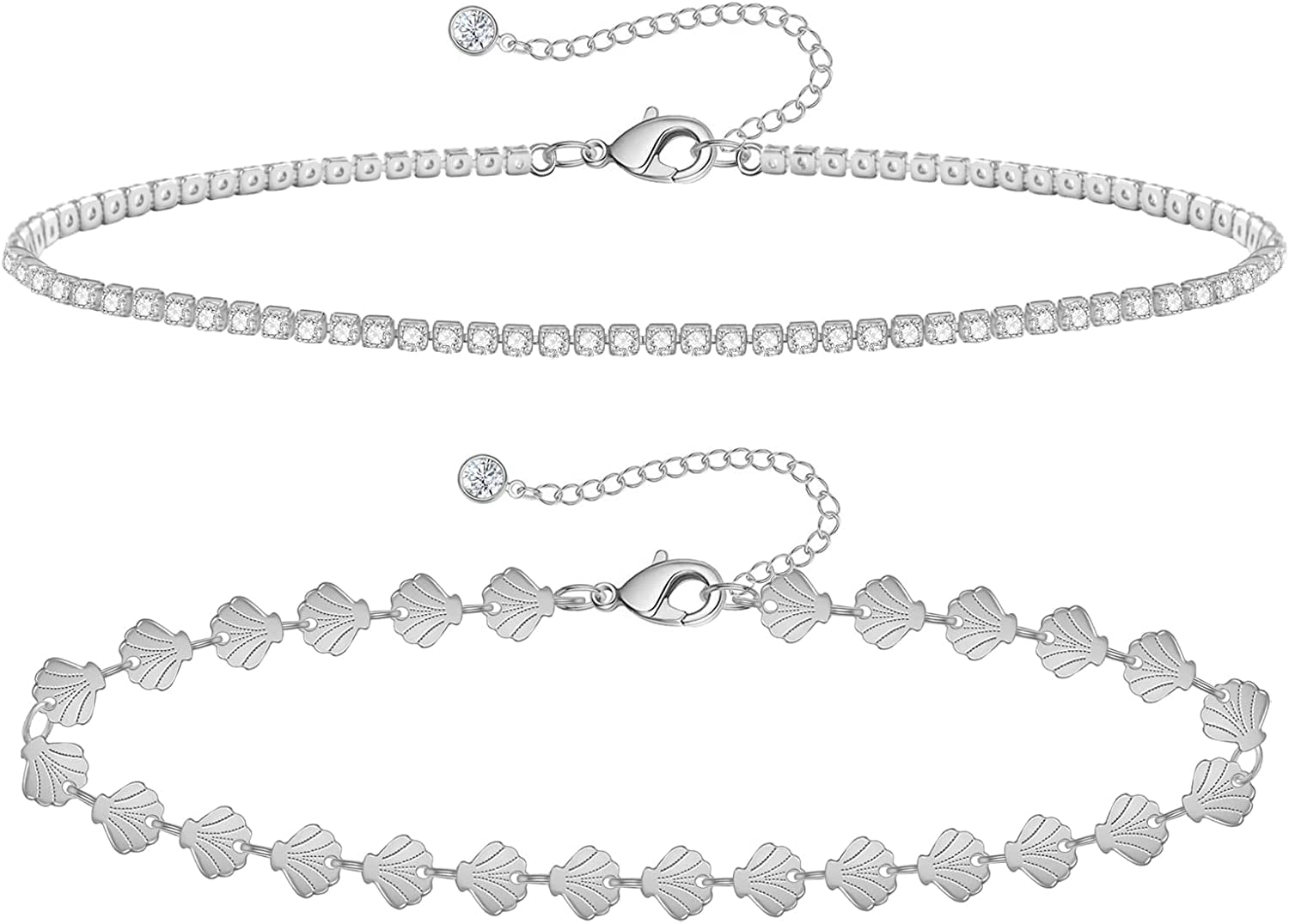 Gold Ankle Bracelets for Women 14K Gold Plated Anklet Silver Tennis Rose Quartz Cross Bead Herringbone Snake Paperclip Chain Cubic Zirconia Dainty Layered Anklet Set 3Pcs Apparel & Accessories > Jewelry > Anklets WeSparking T-White Gold-Shell Chain