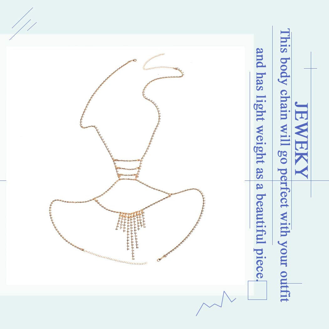 Jeweky Boho Rhinestone Body Chain Gold Crystal Harness Body Jewelry Beach Bikini Bra Jewelry for Women and Girls Apparel & Accessories > Jewelry > Body Jewelry Artist Unknown