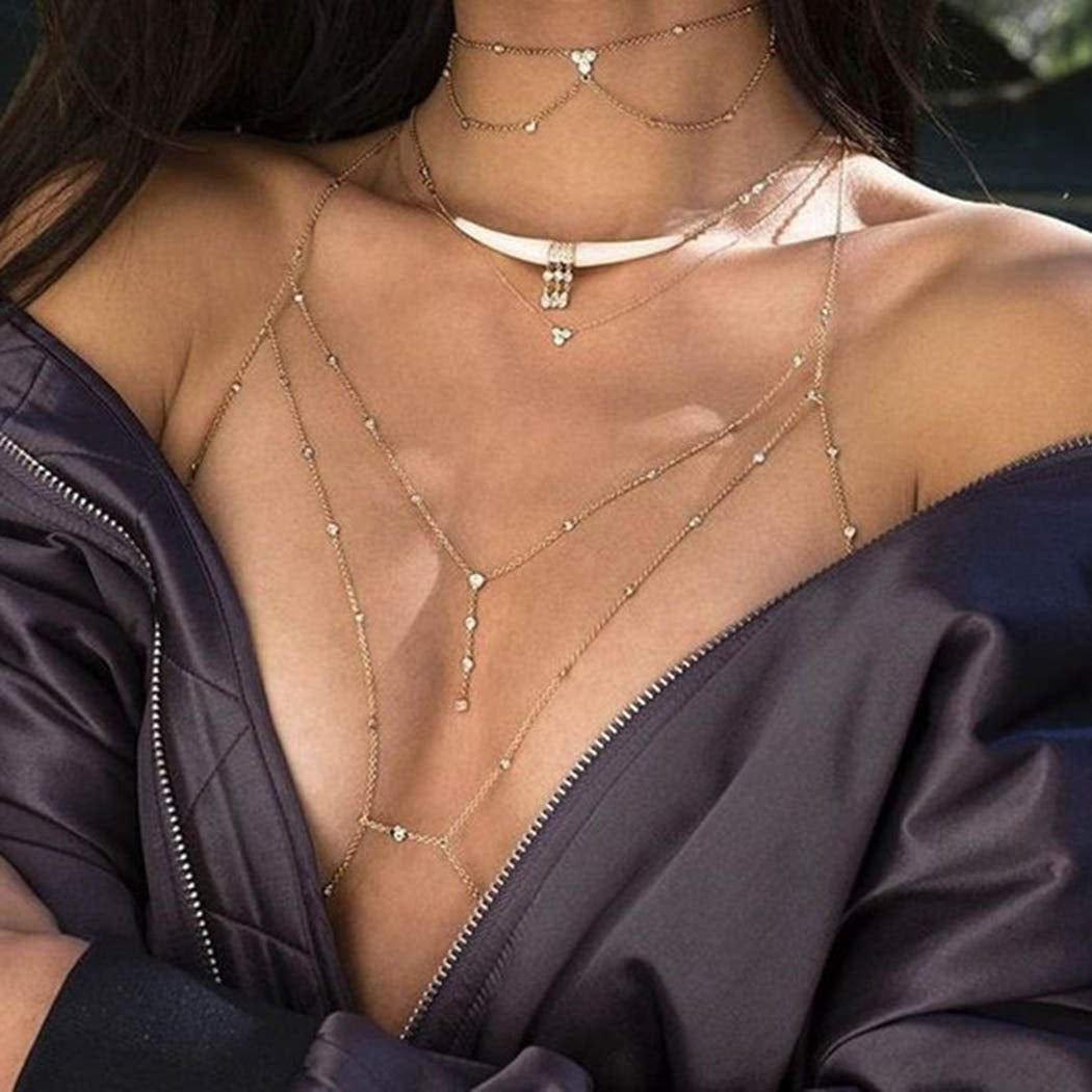 Dreamyn Boho Rhinestones Body Chain Silver Crystal Bikini Chains Summer Beach Bra Body Jewelry for Women and Girls (Silver) Apparel & Accessories > Jewelry > Body Jewelry Dreamin Gold