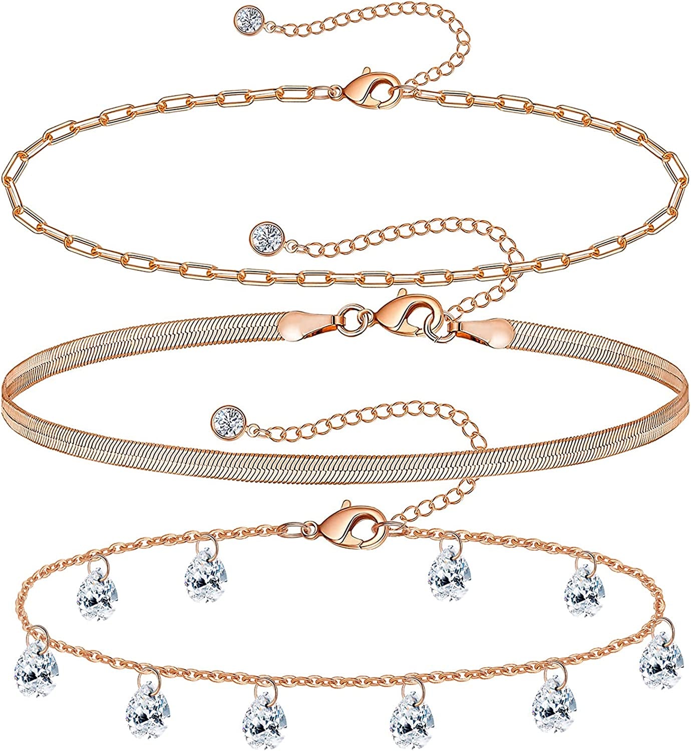 Gold Ankle Bracelets for Women 14K Gold Plated Anklet Silver Tennis Butterfly Star Coin Quartz Bead Snake Paperclip Chain Dainty Layered Anklet Set 3Pcs Jewelry Gifts for Teen Girls Apparel & Accessories > Jewelry > Anklets Vermeyen L-Rose Gold-CZ