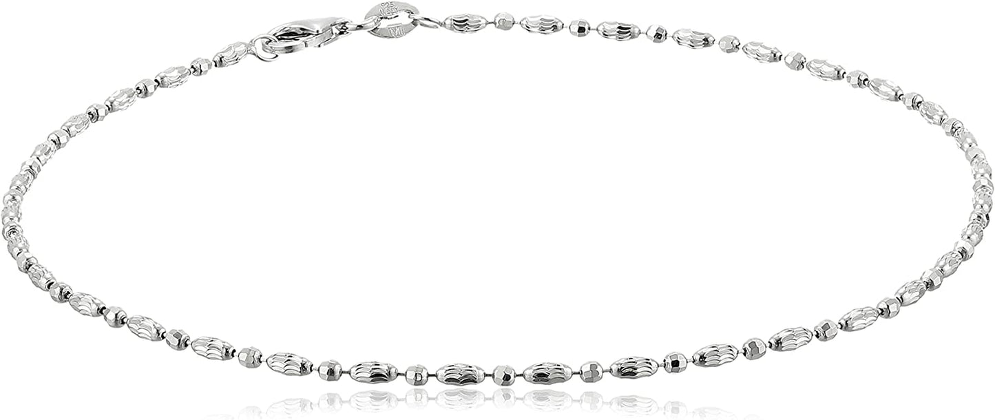 Collection Italian Sterling Silver Rhodium Plated Diamond Cut Oval and round Beads Mezzaluna Chain Ankle Bracelet Apparel & Accessories > Jewelry > Bracelets Media Imports Inc 10 Inches Silver