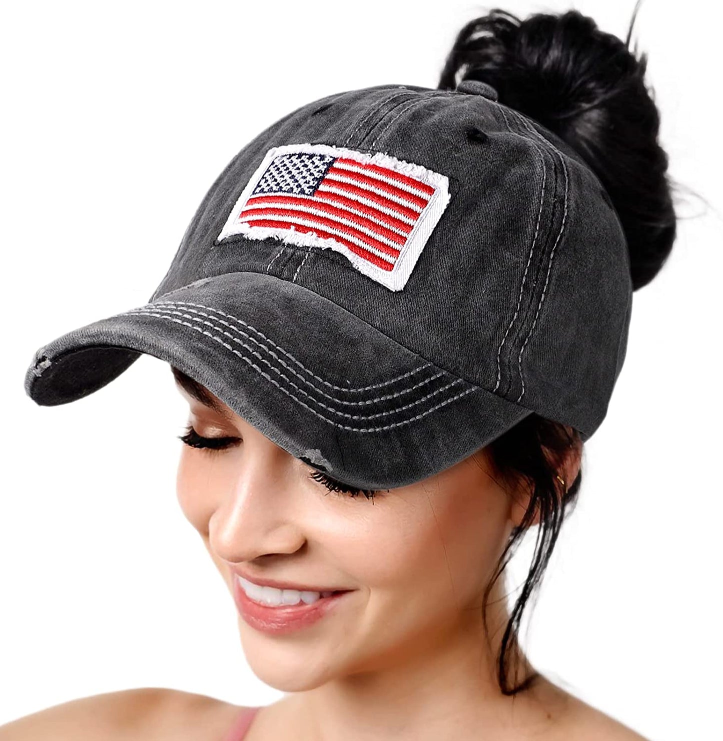 Lvaiz Womens Distressed Baseball Cap Mens Mesh Back Sport Hat Versatile Washed Dad Hat with Ponytail Hole Apparel & Accessories > Clothing Accessories > Hats Lvaiz Flag Black One Size