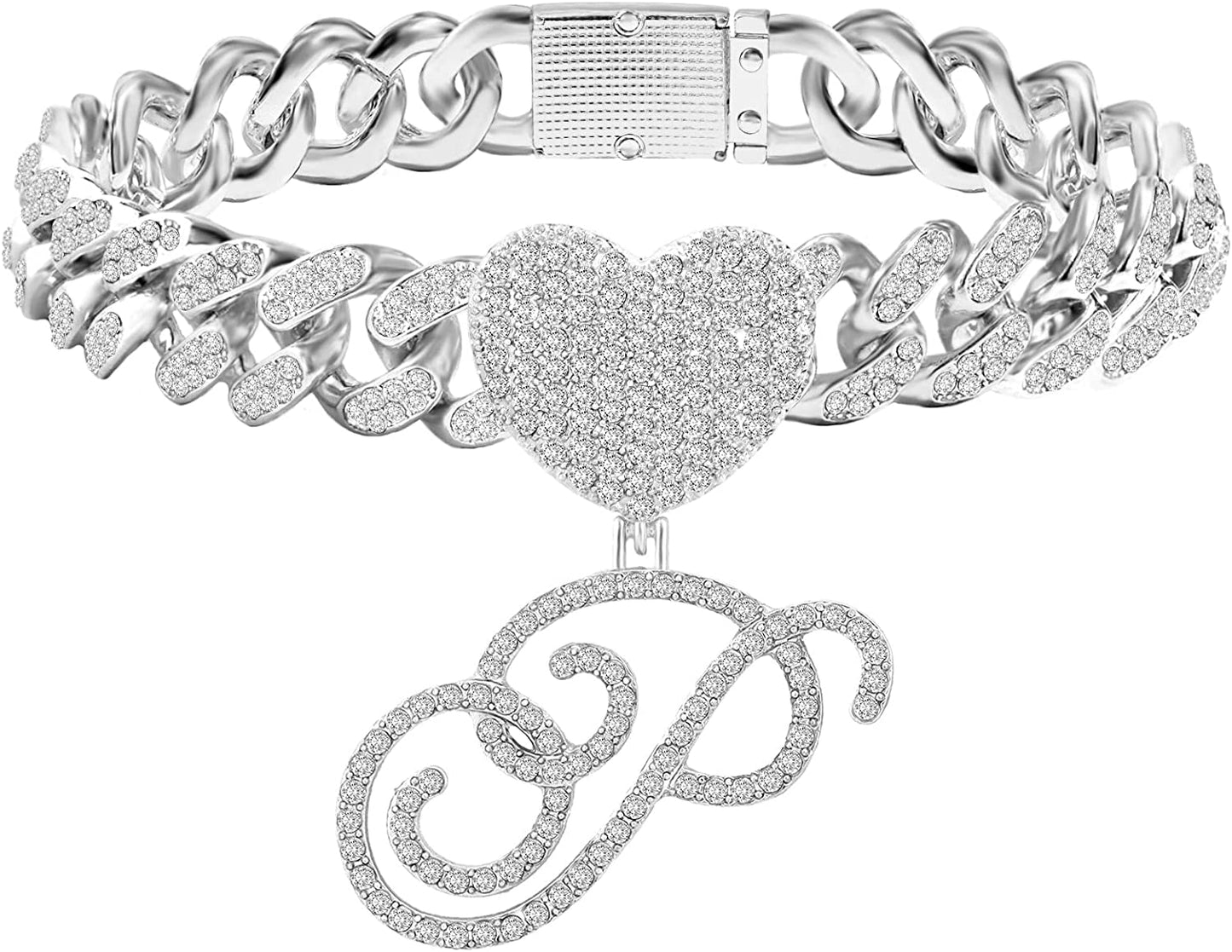 KKJTDS 13Mm Silver Cuban Link Anklets for Women Cursive Pendant Miami Cuban Link Chain Ankle Bracelets for Women Hip Hop Iced Out Letter Chain Anklet Apparel & Accessories > Jewelry > Anklets KKJTDS P