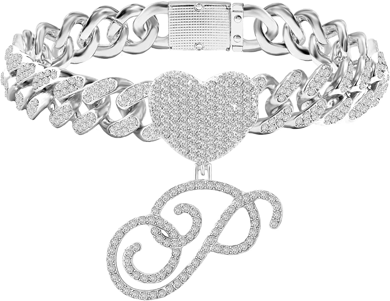 KKJTDS 13Mm Silver Cuban Link Anklets for Women Cursive Pendant Miami Cuban Link Chain Ankle Bracelets for Women Hip Hop Iced Out Letter Chain Anklet Apparel & Accessories > Jewelry > Anklets KKJTDS P