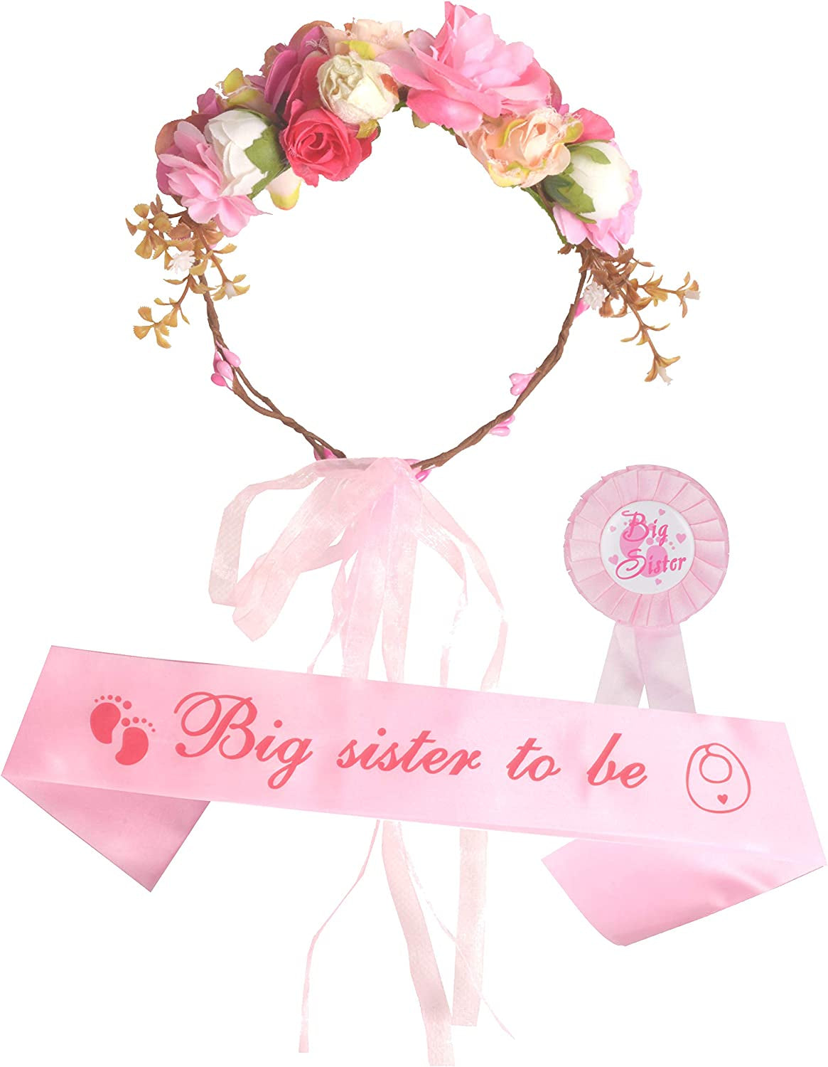 I Am Going to Be Big Sister, Big Sister Flower Crown, Sash and Pin, Daughter Get Promoted to Big Sisters Idea Gift Set, Satin Big Sister to Be for Baby Shower Sash, Big Sister Party Supplies (Pink) Apparel & Accessories > Clothing Accessories > Sashes MEANT2TOBE