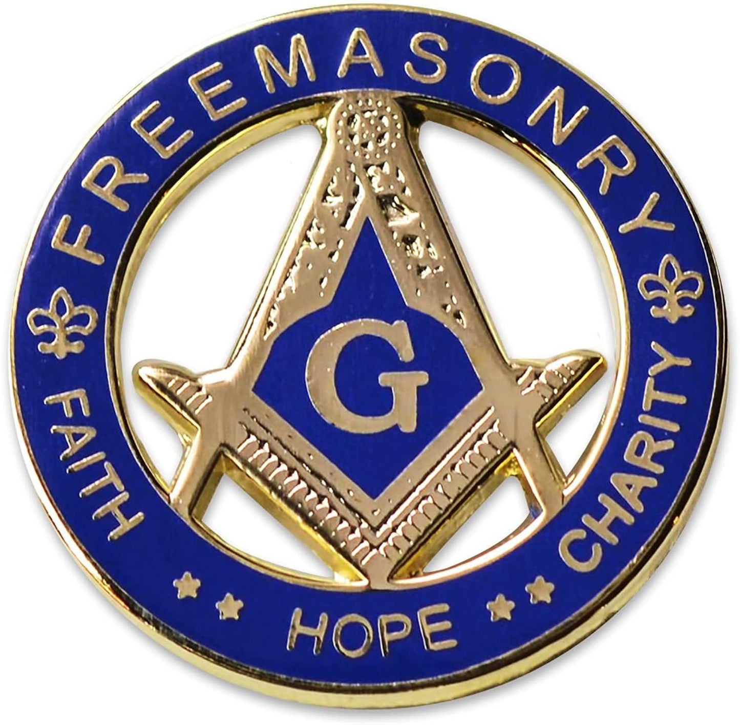 Faith Hope Charity Masonic lapel pin with square compass symbol in blue and gold