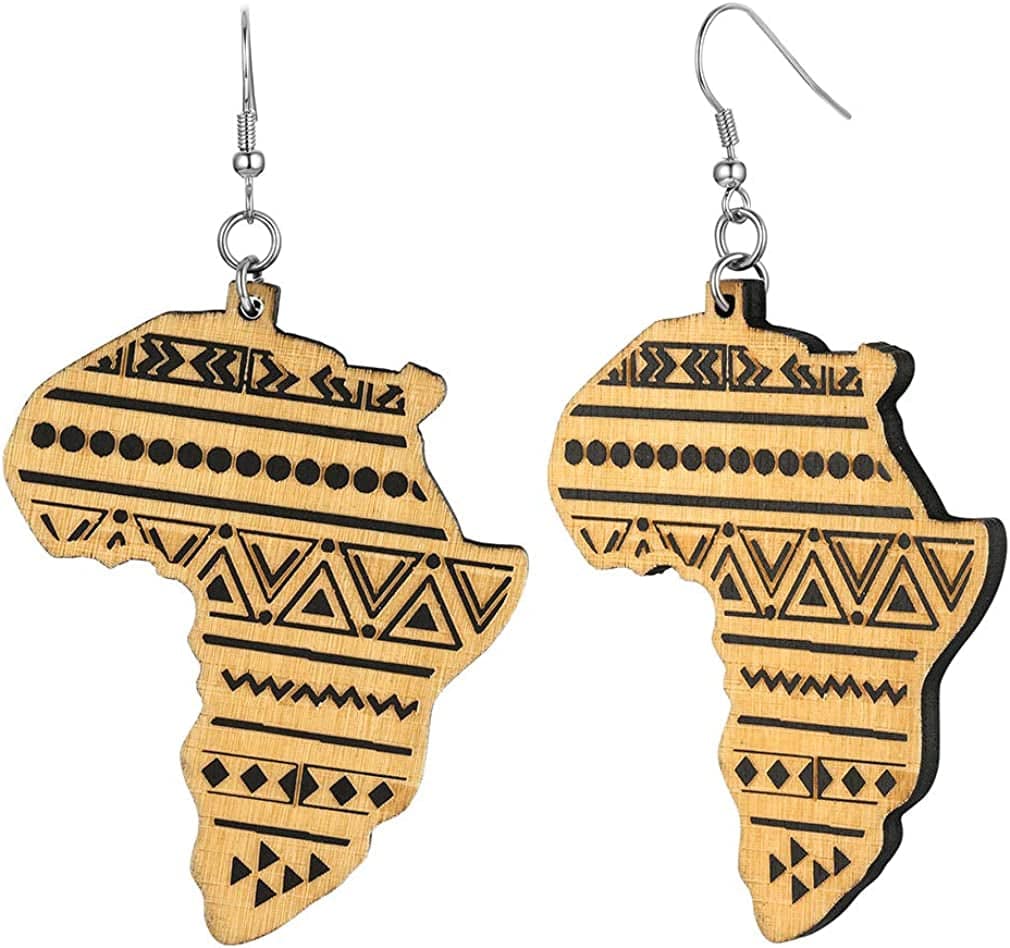 Faithheart African Map Shaped Drop Earrings Stainless Steel/18K Gold Plated Statement Africa Jewelry Ear Charms for Women Teen Girls Wooden-Geometry