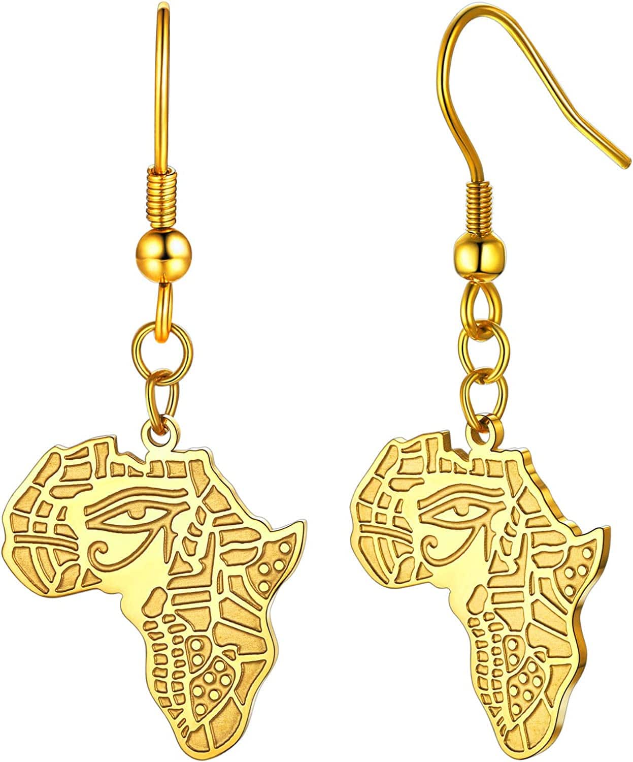 Faithheart African Map Shaped Drop Earrings Stainless Steel/18K Gold Plated Statement Africa Jewelry Ear Charms for Women Teen Girls Eye of Horus-Gold