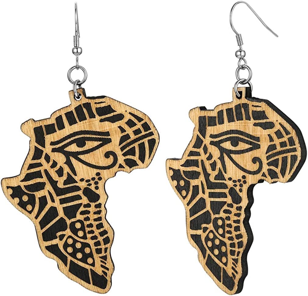 Faithheart African Map Shaped Drop Earrings Stainless Steel/18K Gold Plated Statement Africa Jewelry Ear Charms for Women Teen Girls Wooden-Eye of Horus