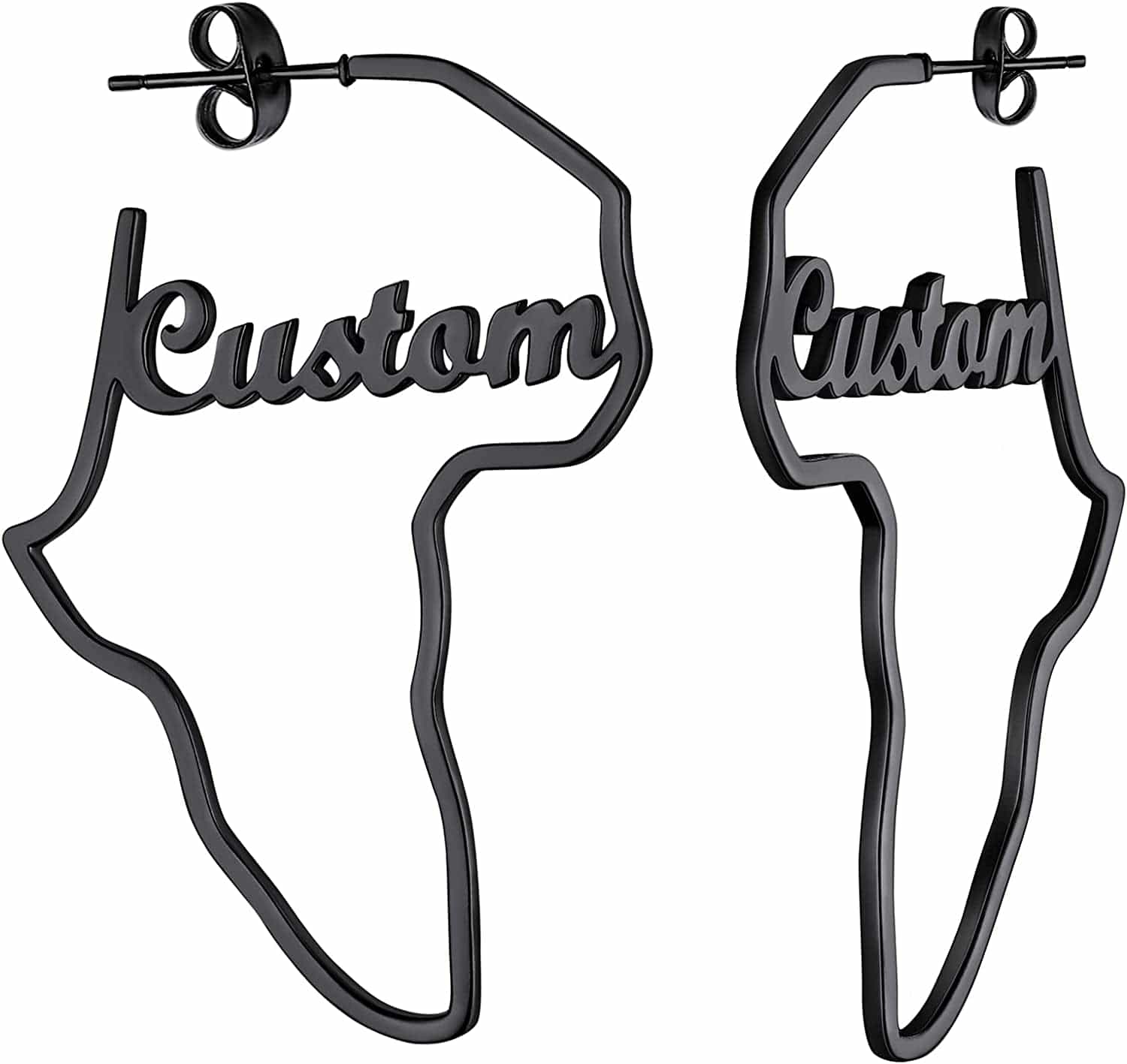 Faithheart African Map Shaped Drop Earrings Stainless Steel/18K Gold Plated Statement Africa Jewelry Ear Charms for Women Teen Girls 04. Hollow Black-Small(Custom Name)