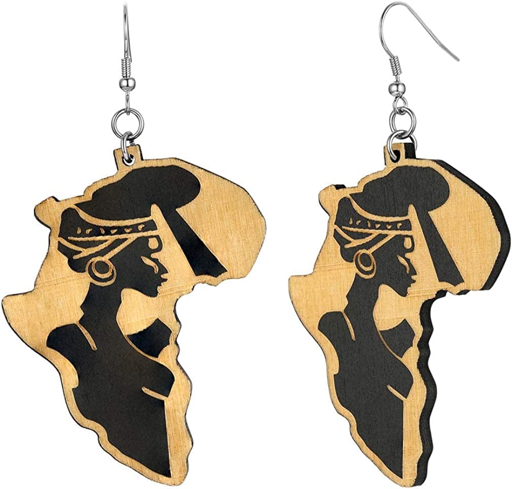 Faithheart African Map Shaped Drop Earrings Stainless Steel/18K Gold Plated Statement Africa Jewelry Ear Charms for Women Teen Girls Wooden-Female