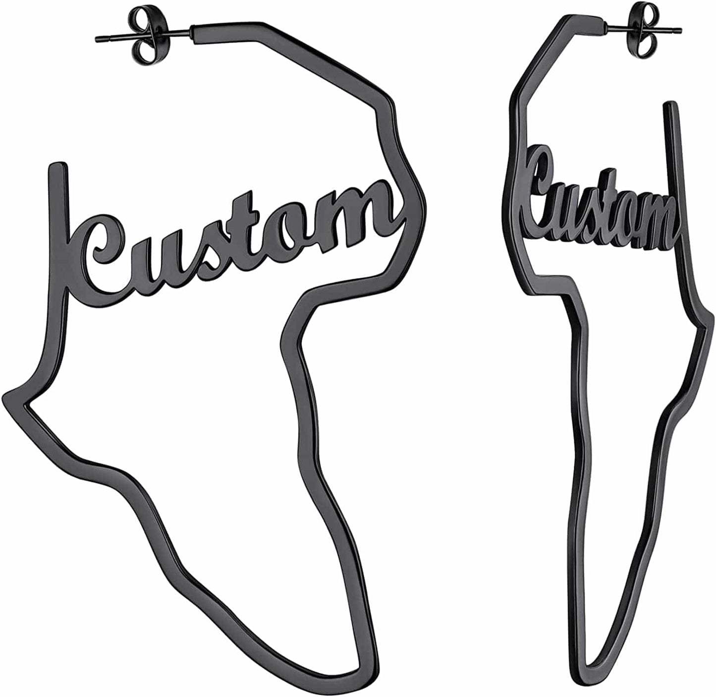 Faithheart African Map Shaped Drop Earrings Stainless Steel/18K Gold Plated Statement Africa Jewelry Ear Charms for Women Teen Girls 04. Hollow Black-Large(Custom Name)