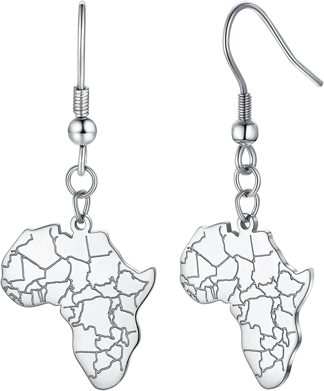 Faithheart African Map Shaped Drop Earrings Stainless Steel/18K Gold Plated Statement Africa Jewelry Ear Charms for Women Teen Girls National Boundary-Silver