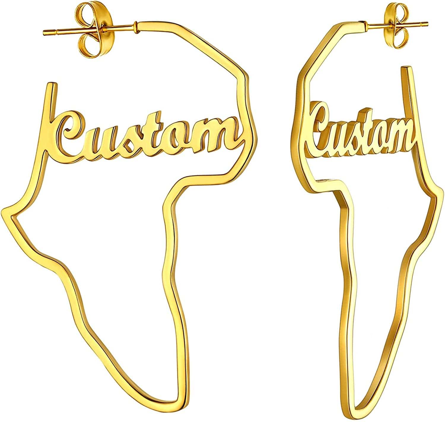 Faithheart African Map Shaped Drop Earrings Stainless Steel/18K Gold Plated Statement Africa Jewelry Ear Charms for Women Teen Girls 03. Hollow Gold-Small (Custom Name)