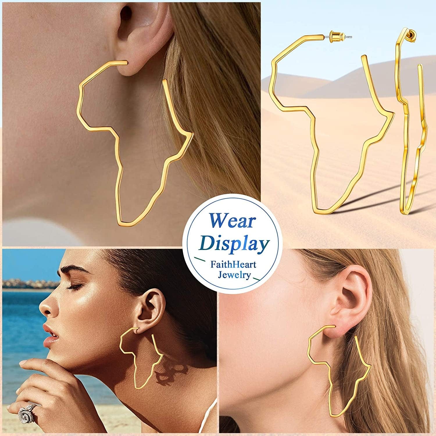 Faithheart African Map Shaped Drop Earrings Stainless Steel/18K Gold Plated Statement Africa Jewelry Ear Charms for Women Teen Girls