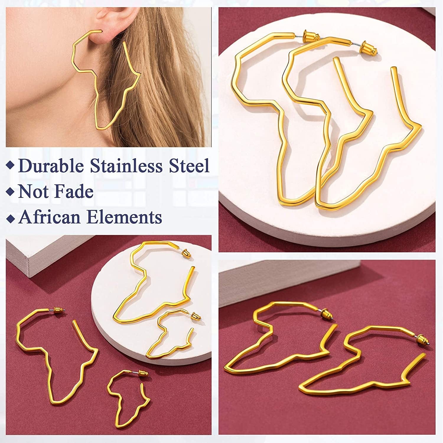 Faithheart African Map Shaped Drop Earrings Stainless Steel/18K Gold Plated Statement Africa Jewelry Ear Charms for Women Teen Girls
