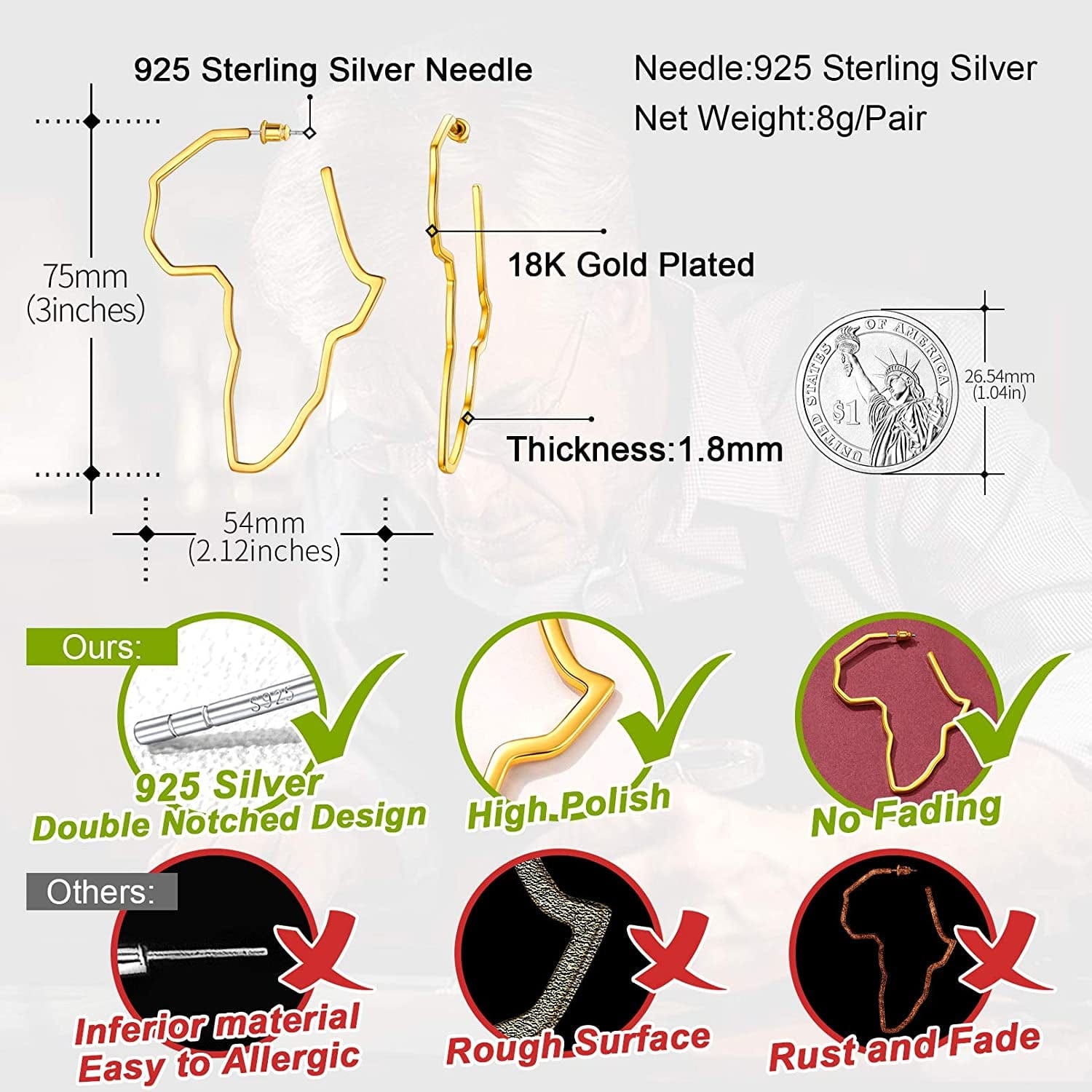 Faithheart African Map Shaped Drop Earrings Stainless Steel/18K Gold Plated Statement Africa Jewelry Ear Charms for Women Teen Girls