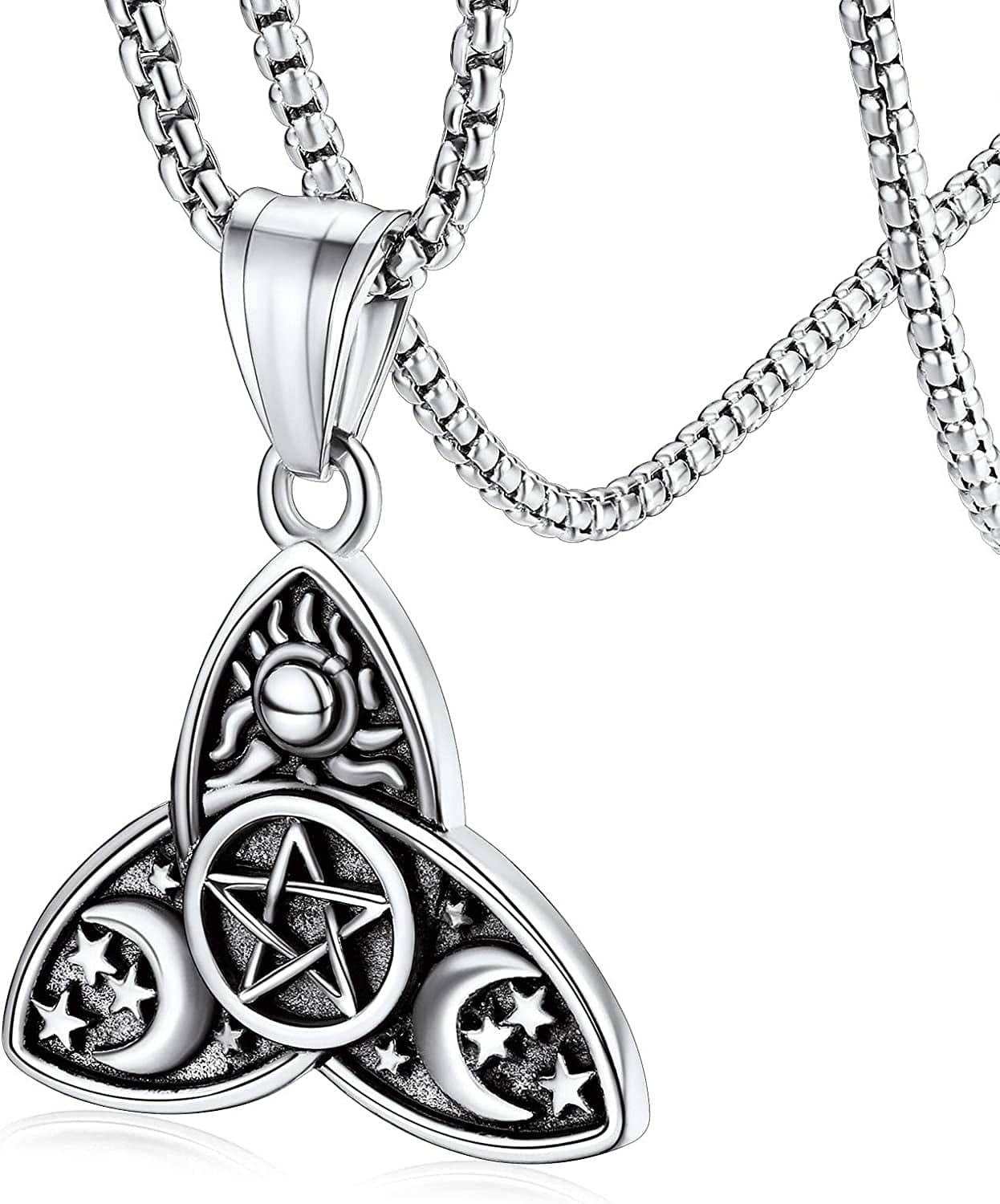 Faithheart Triple Moon Goddess Necklace Stainless Steel/18K Gold Plated Wiccan Jewelry for Women with Delicate Packaging Personalized Custom Trinity Knot-Silver