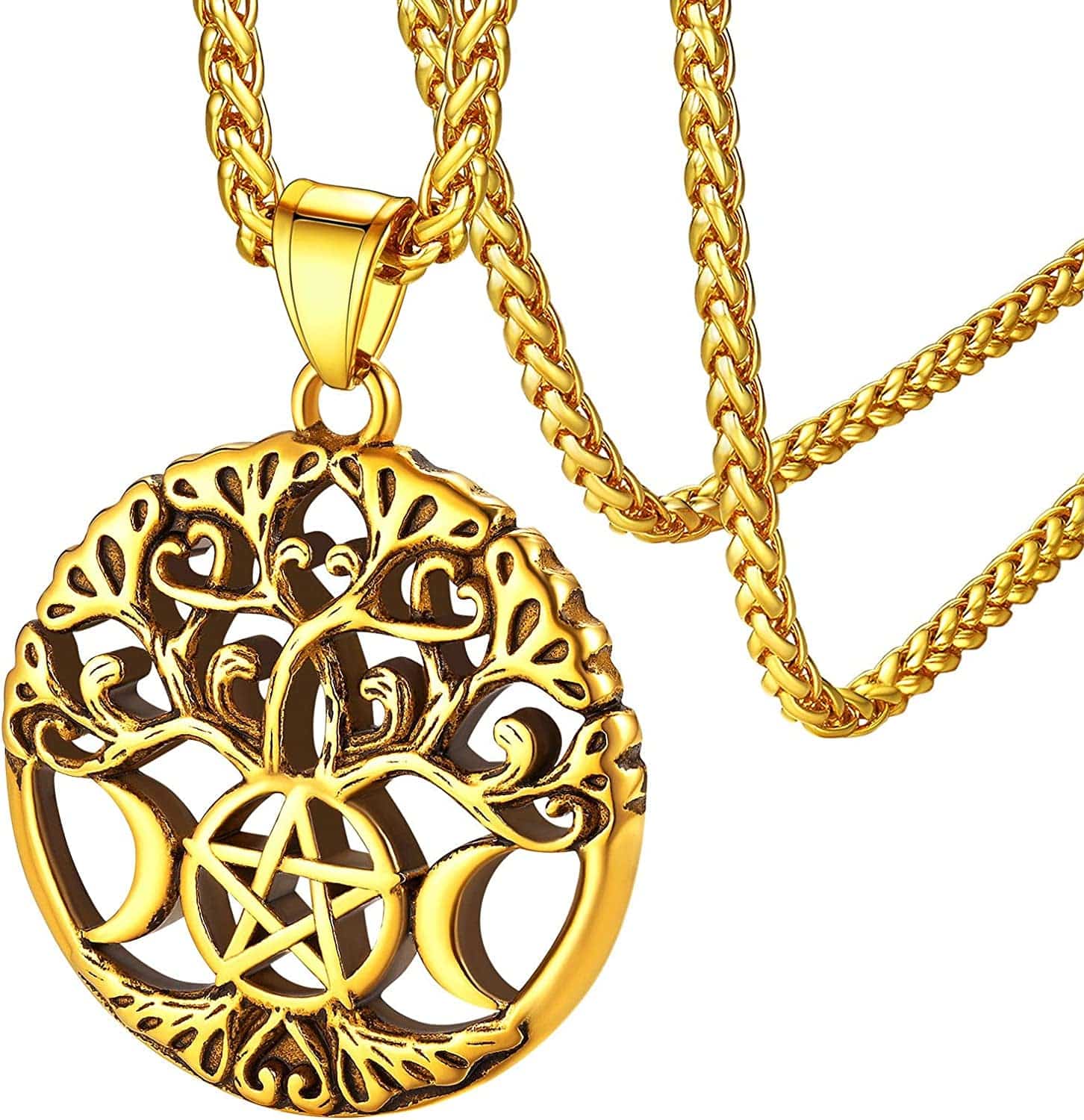 Faithheart Triple Moon Goddess Necklace Stainless Steel/18K Gold Plated Wiccan Jewelry for Women with Delicate Packaging Personalized Custom Pentacle Moon Tree-Gold