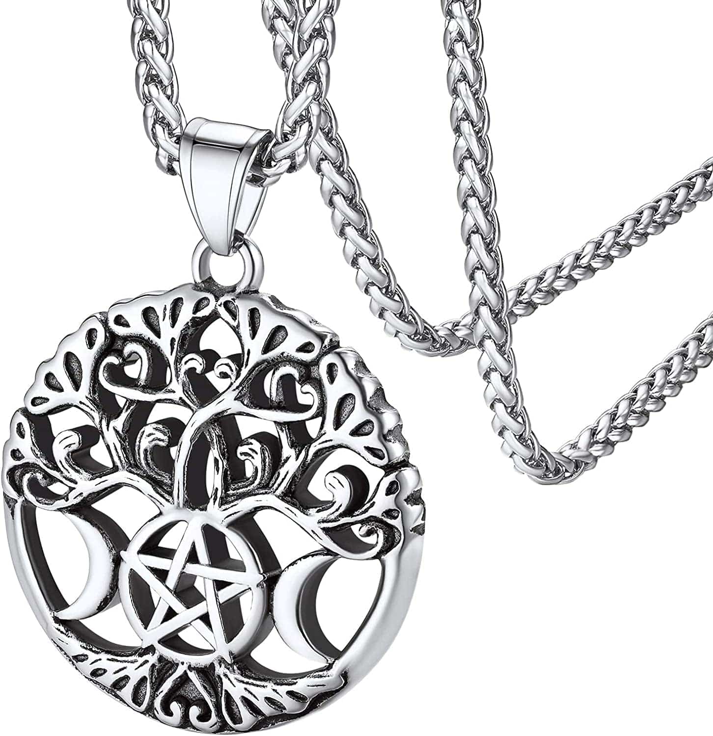 Faithheart Triple Moon Goddess Necklace Stainless Steel/18K Gold Plated Wiccan Jewelry for Women with Delicate Packaging Personalized Custom Pentacle Moon Tree-Silver