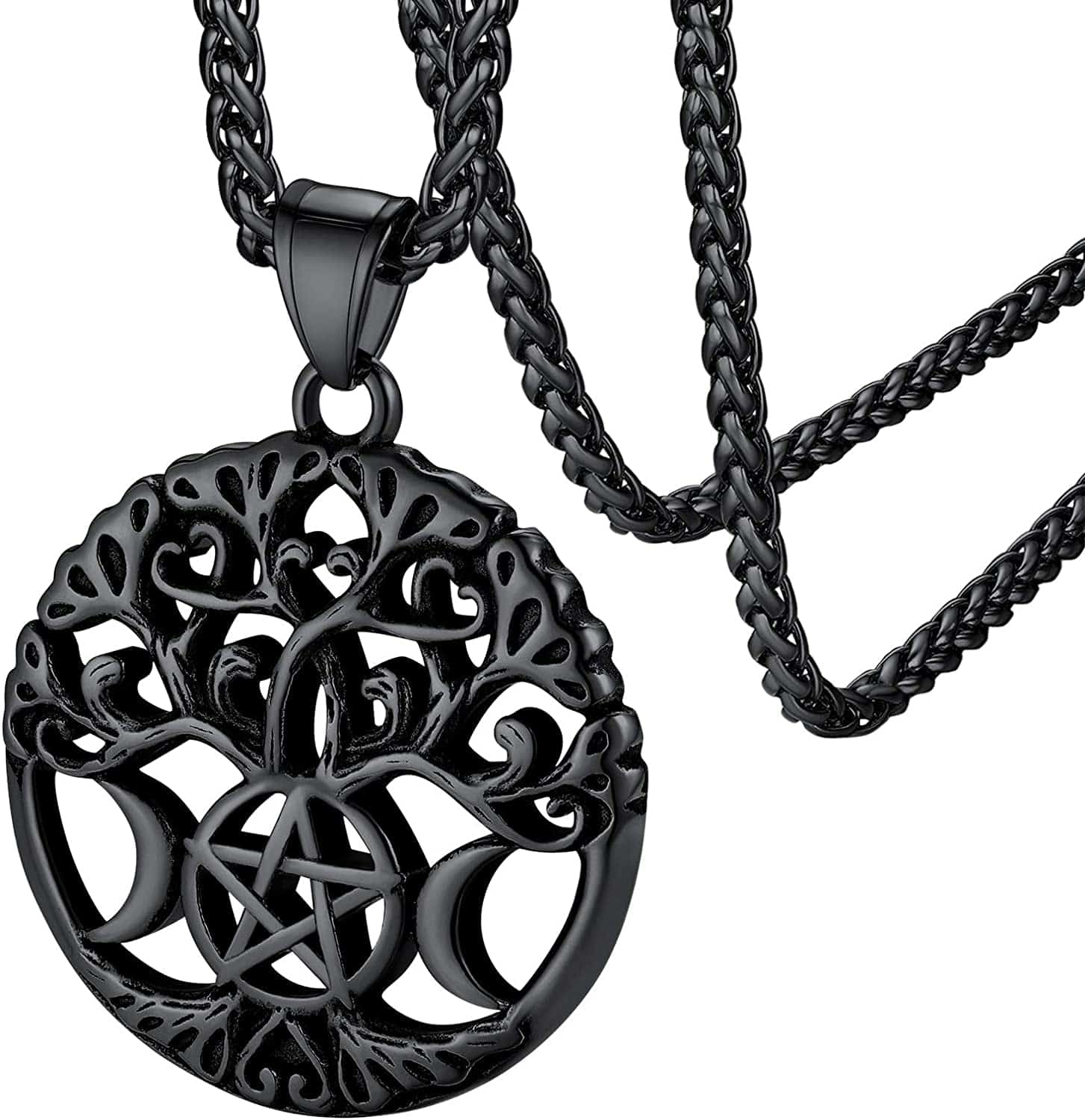 Faithheart Triple Moon Goddess Necklace Stainless Steel/18K Gold Plated Wiccan Jewelry for Women with Delicate Packaging Personalized Custom Pentacle Moon Tree-Black