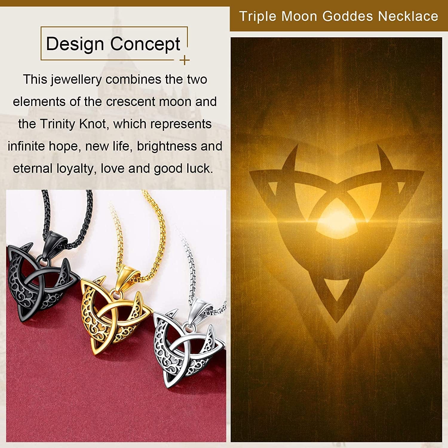 Faithheart Triple Moon Goddess Necklace Stainless Steel/18K Gold Plated Wiccan Jewelry for Women with Delicate Packaging Personalized Custom