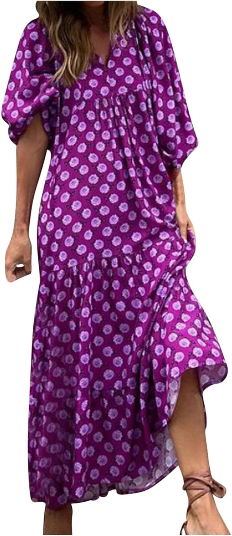 Fall Dresses for Women 2023 Vintage Graphic Elegant Casual Dress Cute Puff Sleeve Party plus Size Midi Dress Loose Purple / Large