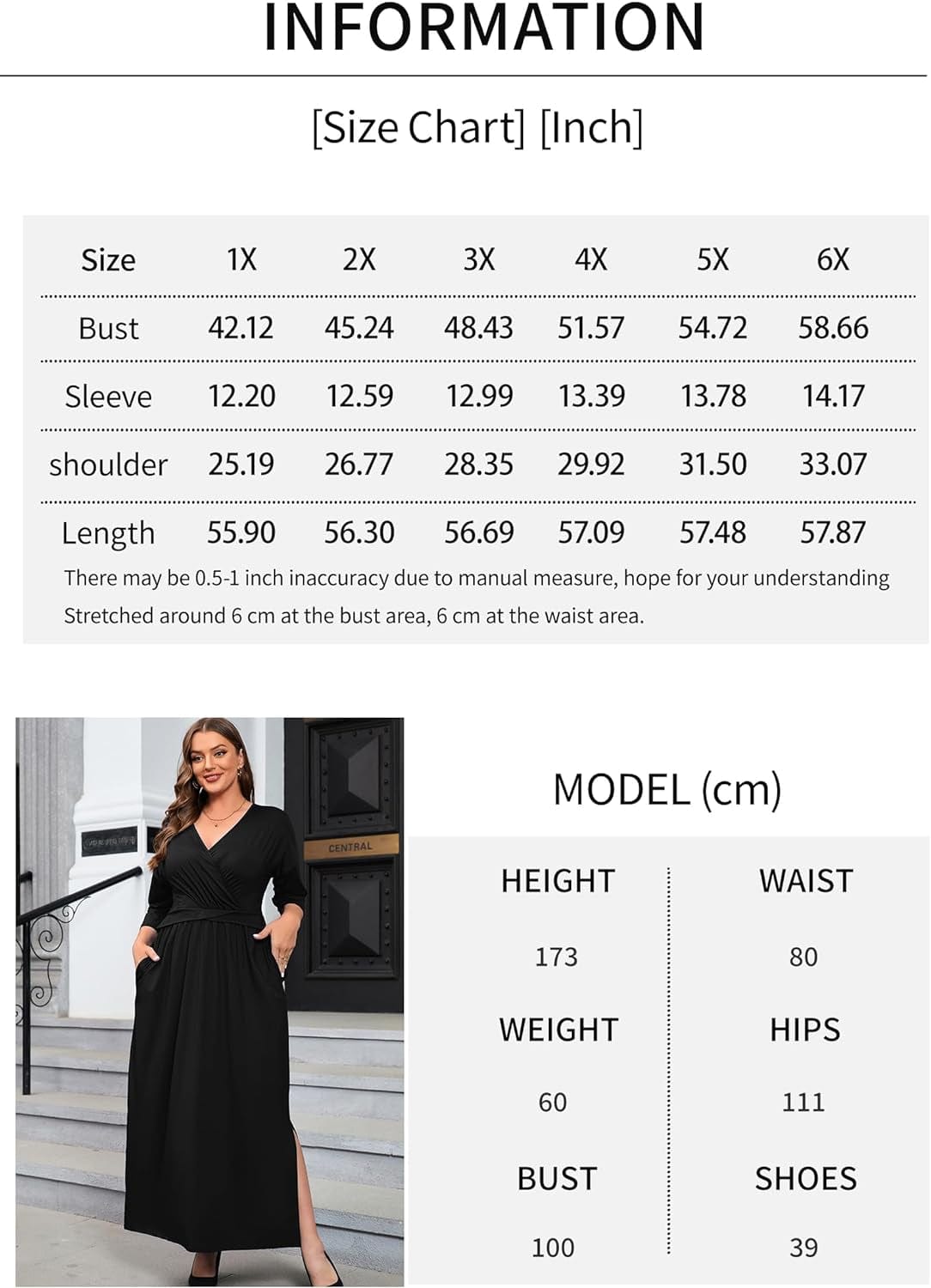 FANDEE plus Size Women’S Dresses Casual Maxi Dress V Neck 3/4 Sleeve Waist Wrap with Pocket Wedding Dress