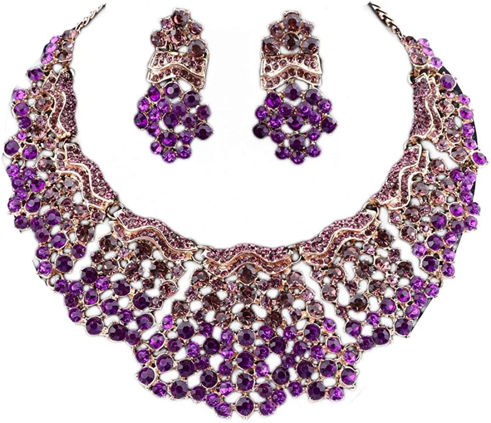 Fashion 18K Gold Plated Crystal Wedding Party Necklace Earring Jewelry Set Purple 1
