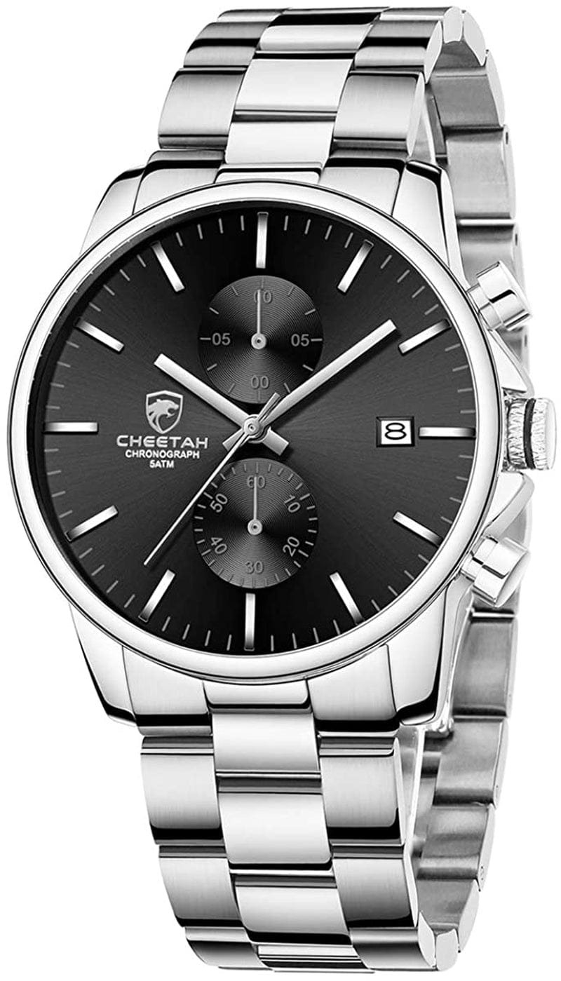 Fashion Business Mens Watches with Stainless Steel Waterproof Chronograph Quartz Watch for Men, Auto Date silver black