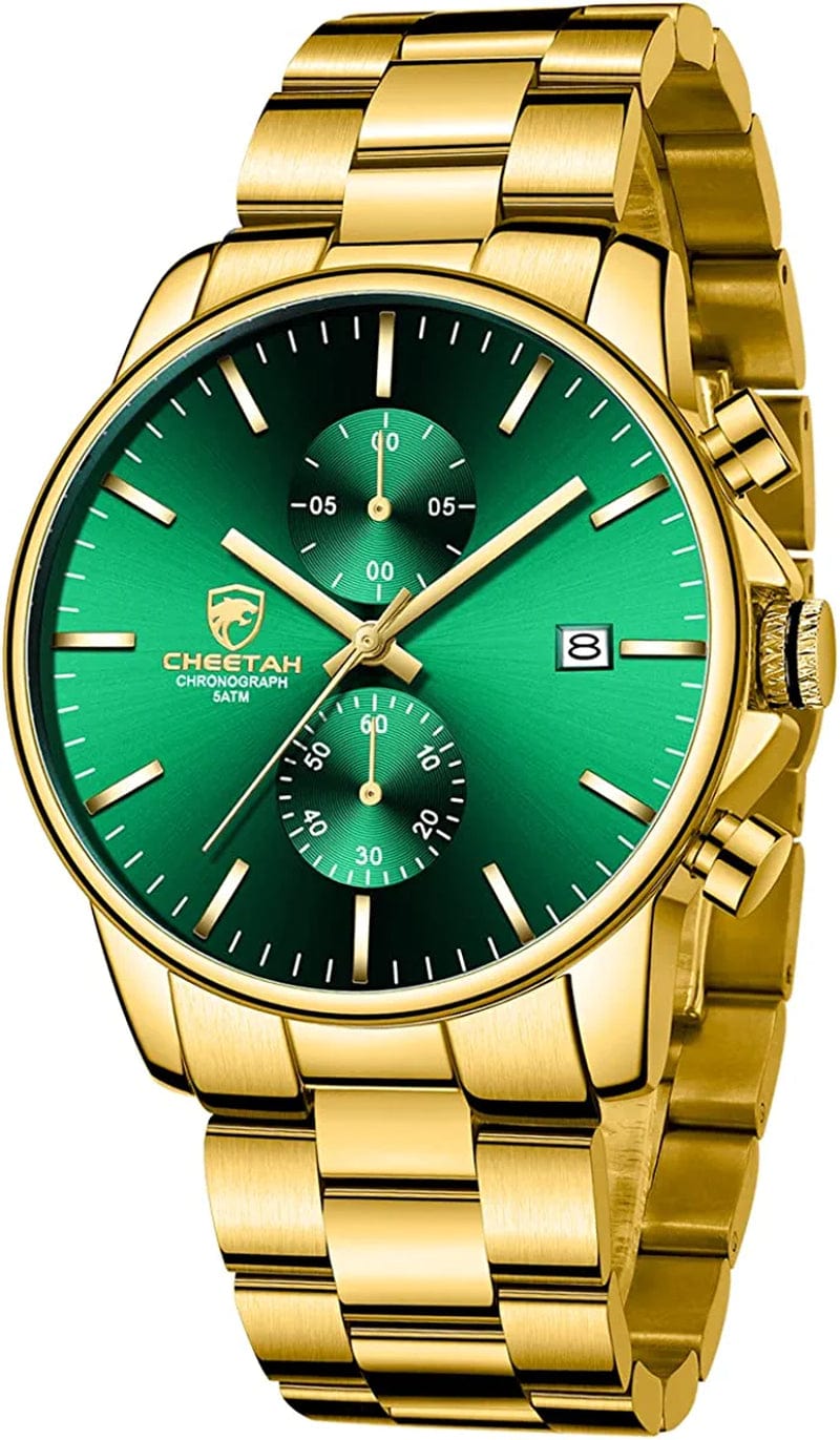 Fashion Business Mens Watches with Stainless Steel Waterproof Chronograph Quartz Watch for Men, Auto Date Gold Green