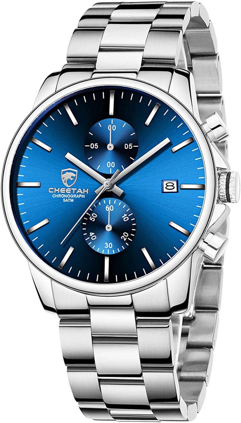 Fashion Business Mens Watches with Stainless Steel Waterproof Chronograph Quartz Watch for Men, Auto Date SilverBlue