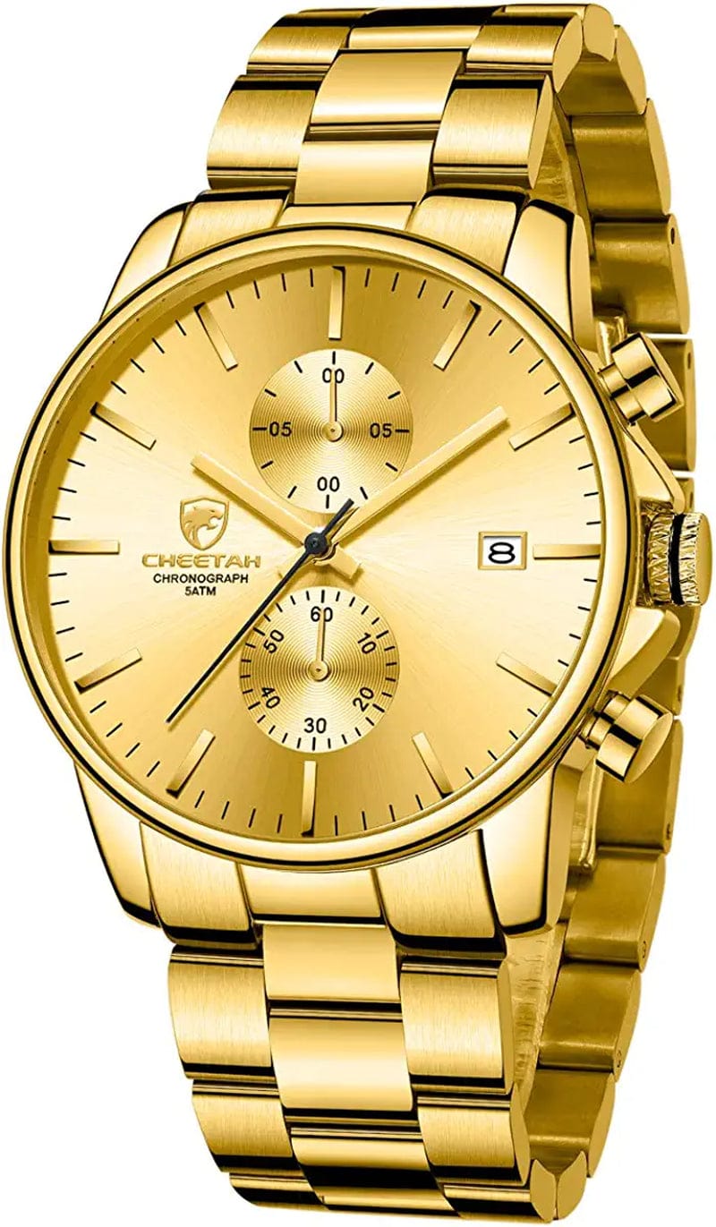 Fashion Business Mens Watches with Stainless Steel Waterproof Chronograph Quartz Watch for Men, Auto Date Gold