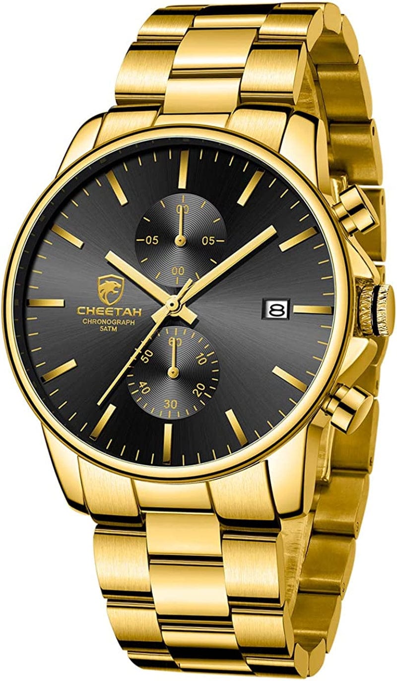 Fashion Business Mens Watches with Stainless Steel Waterproof Chronograph Quartz Watch for Men, Auto Date GoldBlack