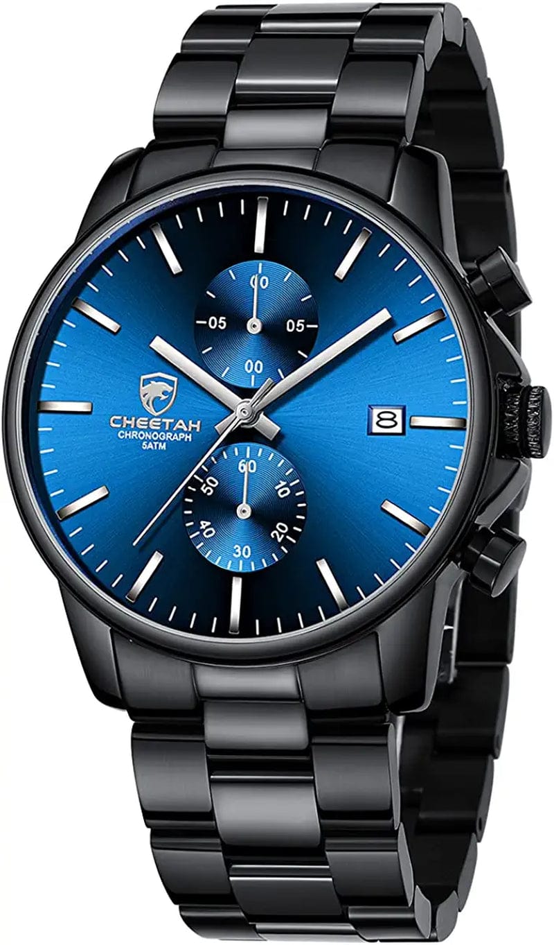 Fashion Business Mens Watches with Stainless Steel Waterproof Chronograph Quartz Watch for Men, Auto Date dark blue