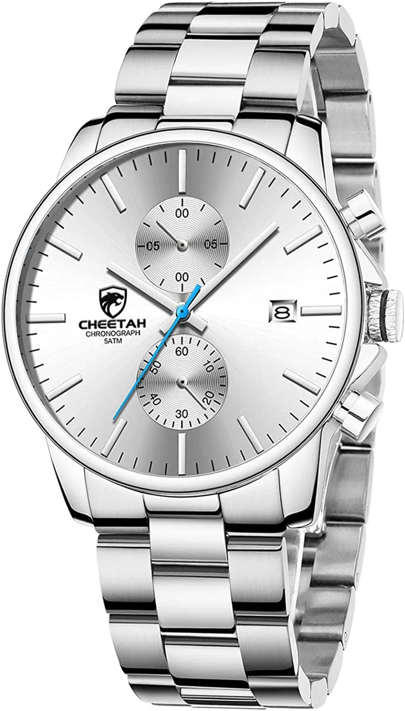 Fashion Business Mens Watches with Stainless Steel Waterproof Chronograph Quartz Watch for Men, Auto Date Silver