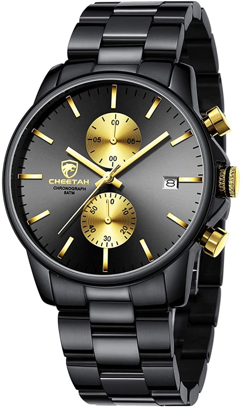 Fashion Business Mens Watches with Stainless Steel Waterproof Chronograph Quartz Watch for Men, Auto Date two gold dial