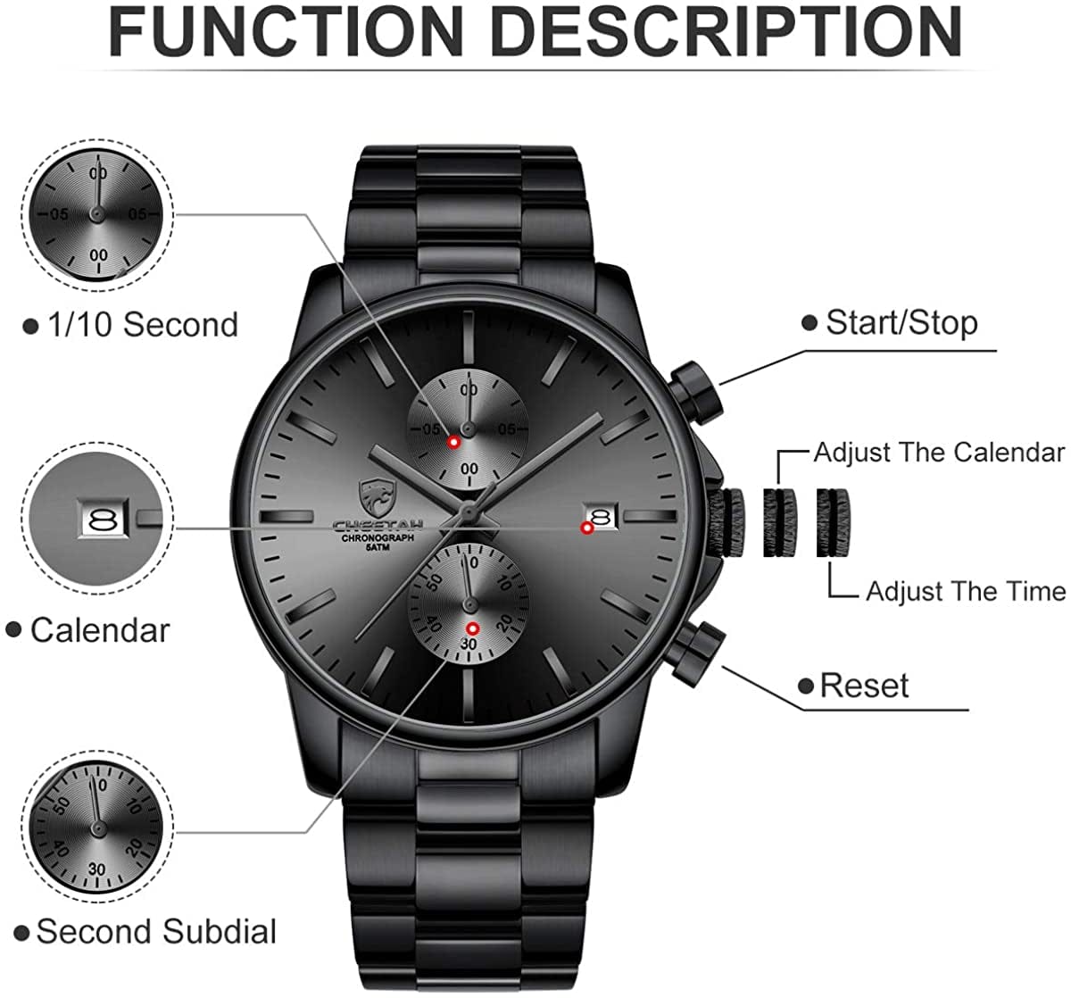 Fashion Business Mens Watches with Stainless Steel Waterproof Chronograph Quartz Watch for Men, Auto Date