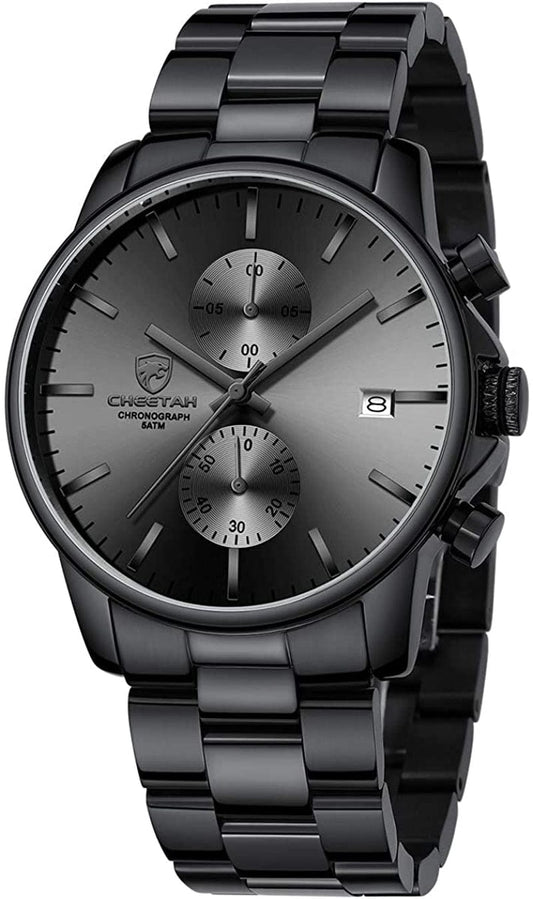 Fashion Business Mens Watches with Stainless Steel Waterproof Chronograph Quartz Watch for Men, Auto Date Black