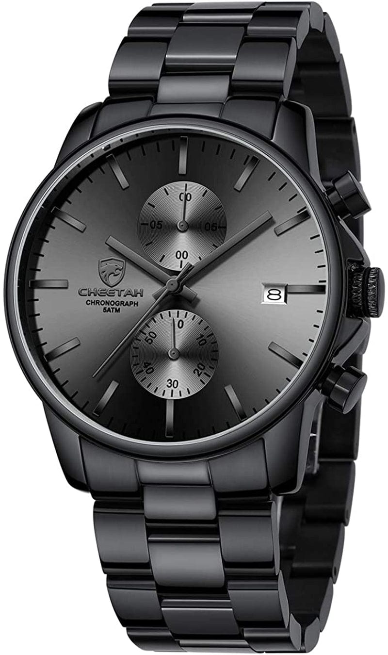 Fashion Business Mens Watches with Stainless Steel Waterproof Chronograph Quartz Watch for Men, Auto Date Black