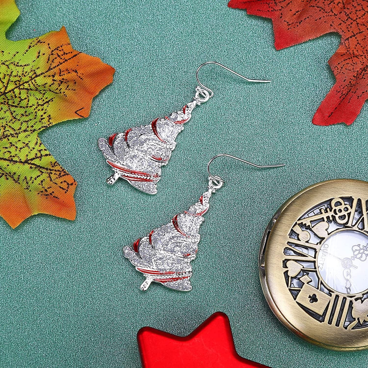 Fashion Silver Christmas Tree Earrings for Girls Women, Celebration Decoration Dangle Earrings, the Silver Lines Are Interlaced with Red Oil Drops, Christmas Gift for Women