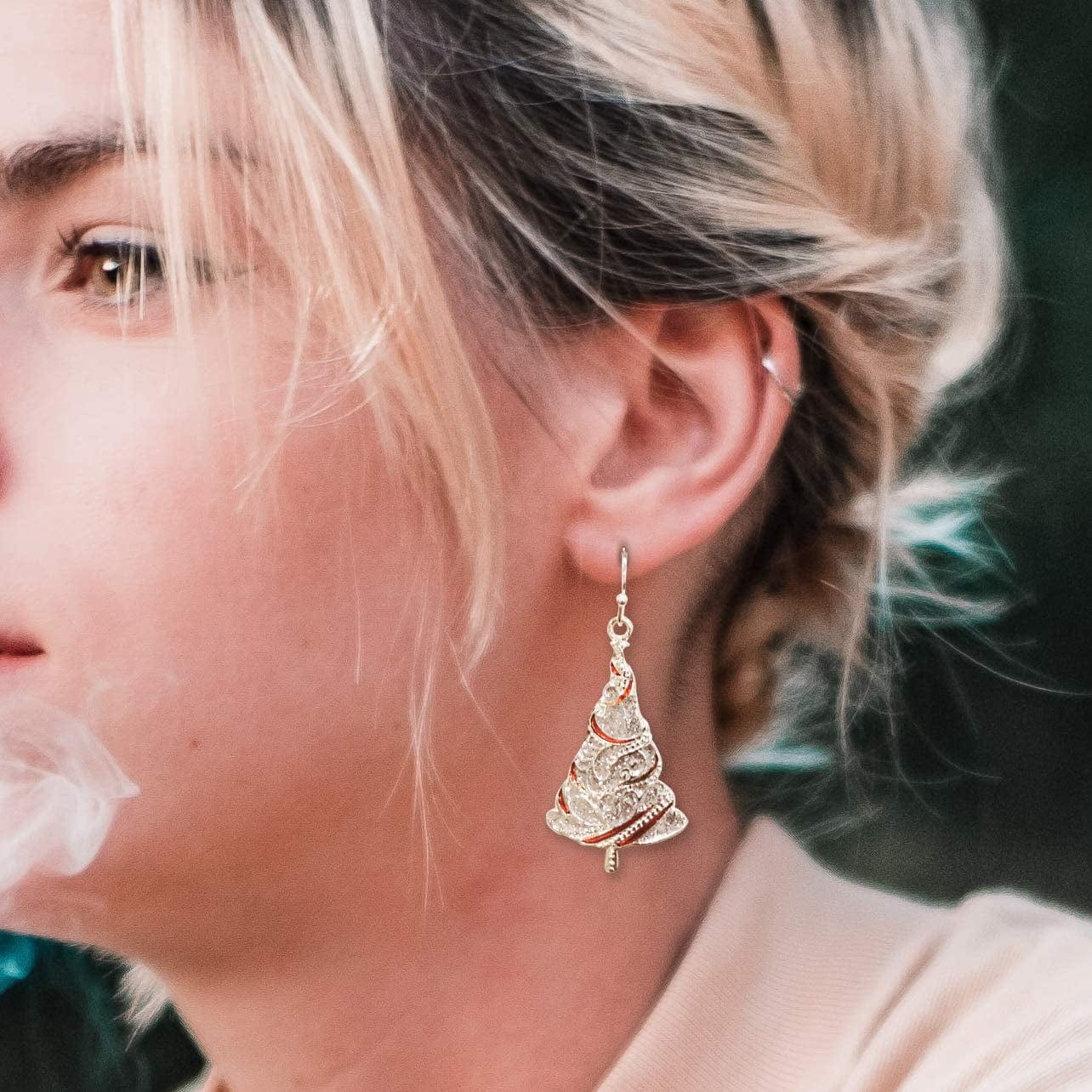 Fashion Silver Christmas Tree Earrings for Girls Women, Celebration Decoration Dangle Earrings, the Silver Lines Are Interlaced with Red Oil Drops, Christmas Gift for Women