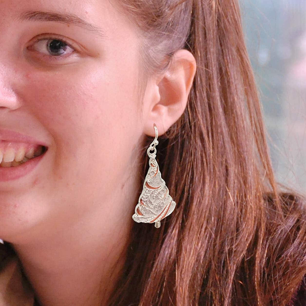 Fashion Silver Christmas Tree Earrings for Girls Women, Celebration Decoration Dangle Earrings, the Silver Lines Are Interlaced with Red Oil Drops, Christmas Gift for Women