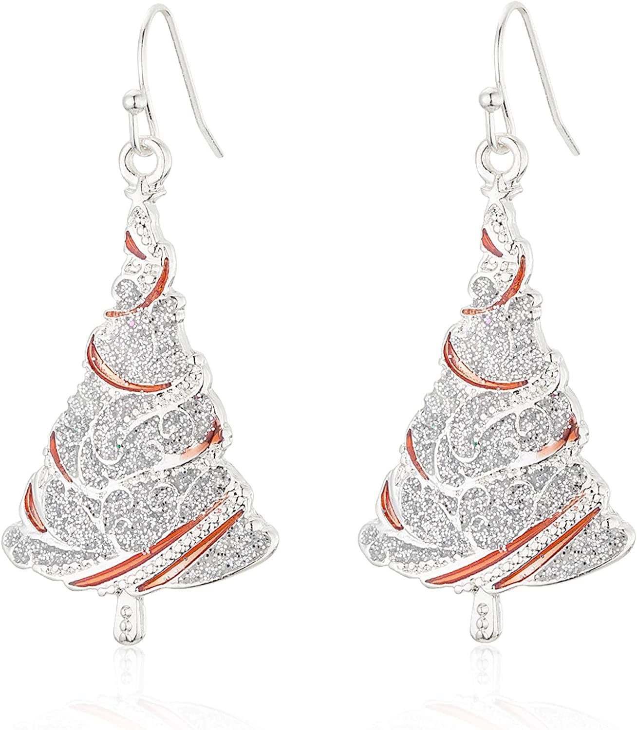 Fashion Silver Christmas Tree Earrings for Girls Women, Celebration Decoration Dangle Earrings, the Silver Lines Are Interlaced with Red Oil Drops, Christmas Gift for Women