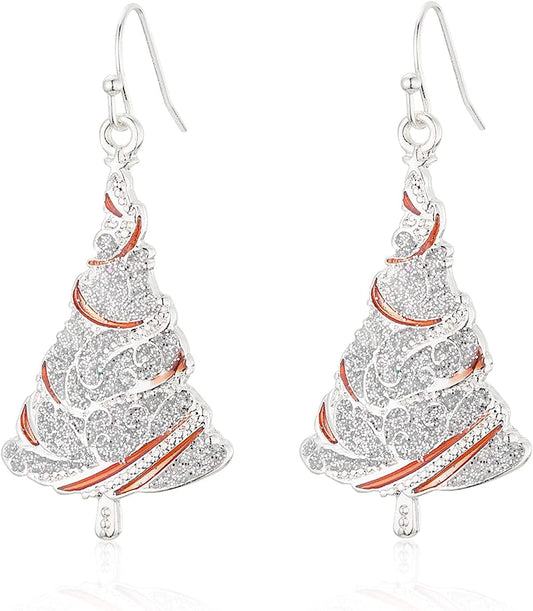 Fashion Silver Christmas Tree Earrings for Girls Women, Celebration Decoration Dangle Earrings, the Silver Lines Are Interlaced with Red Oil Drops, Christmas Gift for Women