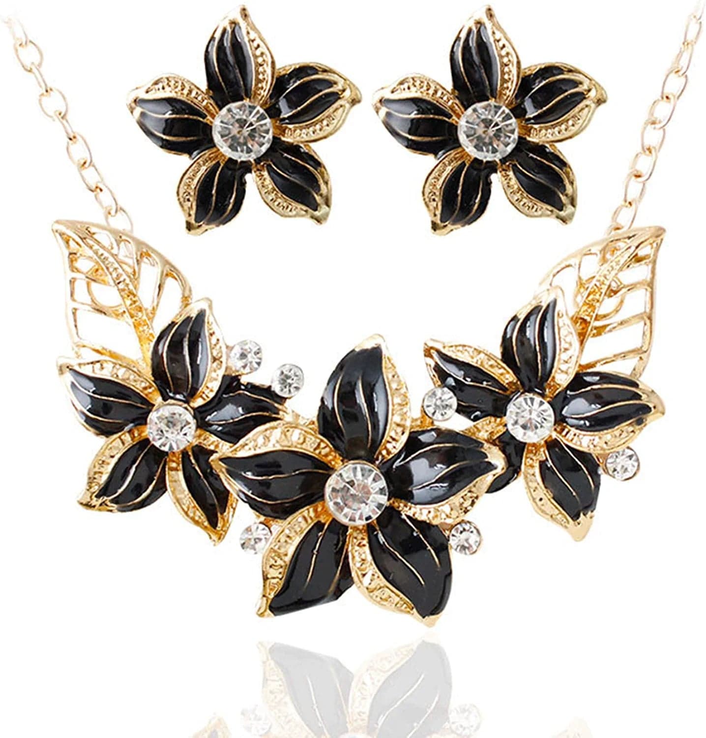 Fashion Women Crystal Flower Statement Gold Plated Necklace Earrings Jewelry Set Black