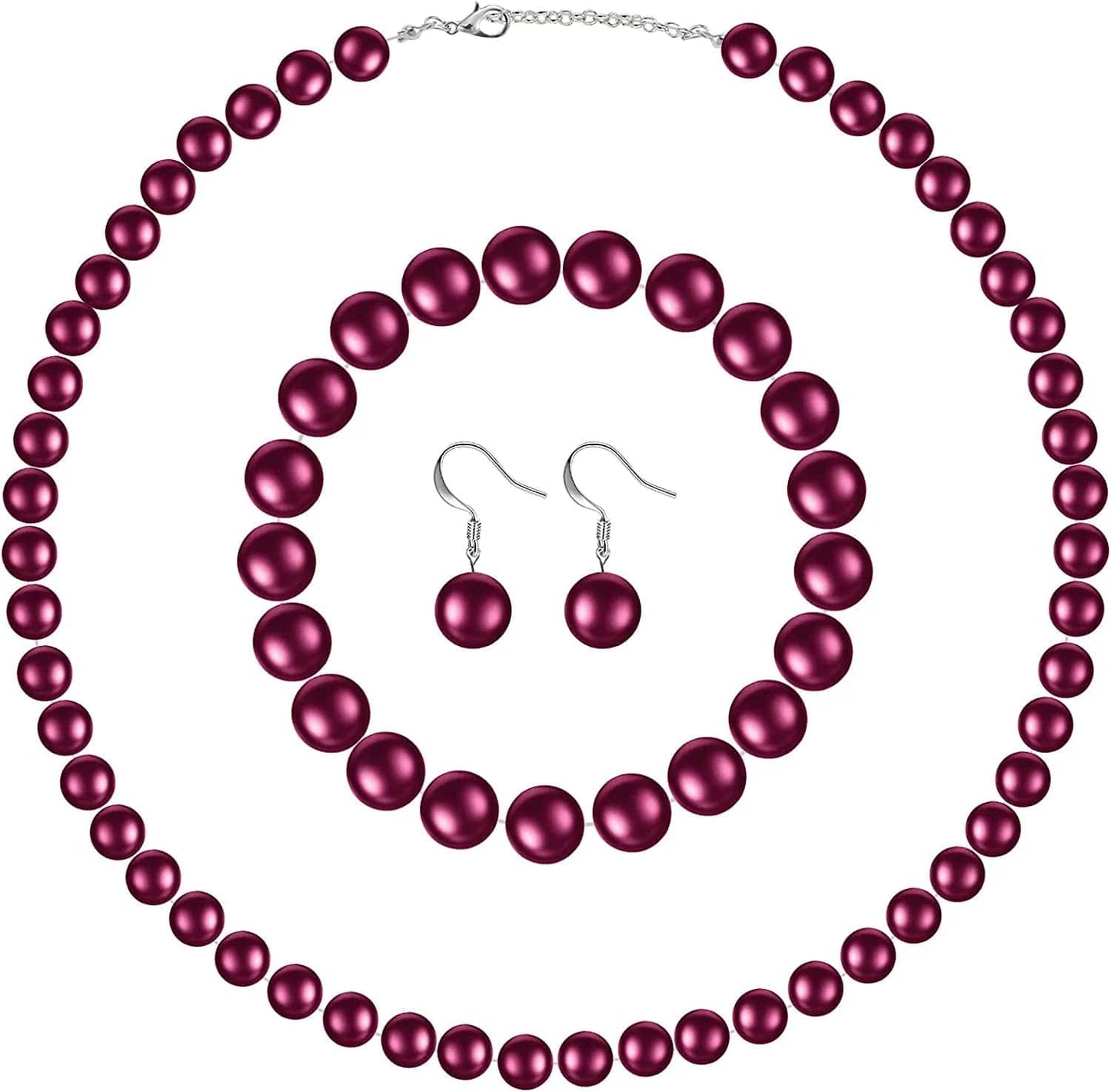 Faux Pearl Jewelry Set Simulated Pearl Necklace Bracelet Earrings for Women Girls Dark Purple / 10 mm