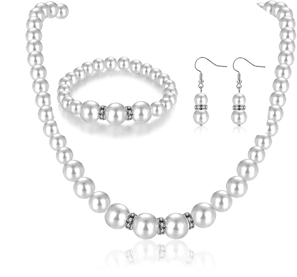 Faux Pearl Necklace Earring and Bracelet Black Costume Jewelry Set for Women White