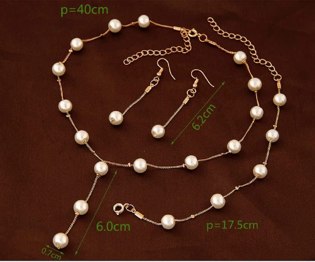 Faux Pearl Necklace Earring Bracelet Jewelry Set, Delicate and Classy Costume Jewelry Favors (Gold)
