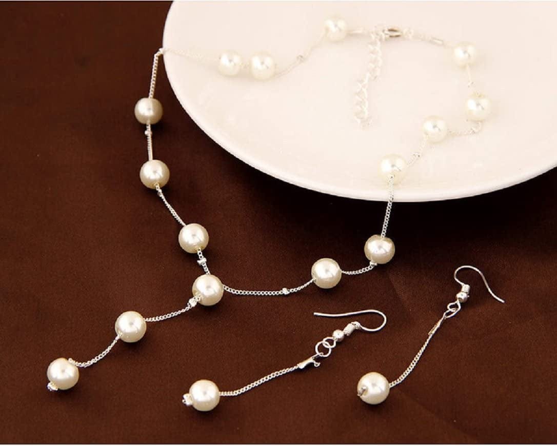 Faux Pearl Necklace Earring Bracelet Jewelry Set, Delicate and Classy Costume Jewelry Favors (Gold)